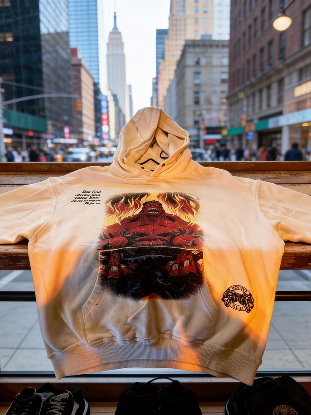Darc Sport Cream ‘Red Hulk’ Crewneck Hoodie with Red Flame Artwork